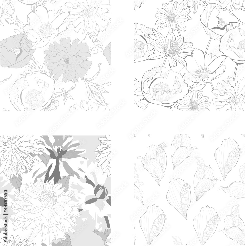 Set of Seamless pattern with beautiful flowers