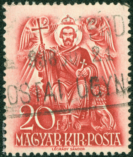 stamp printed by Hungary  shows Saint Stephen enthroned