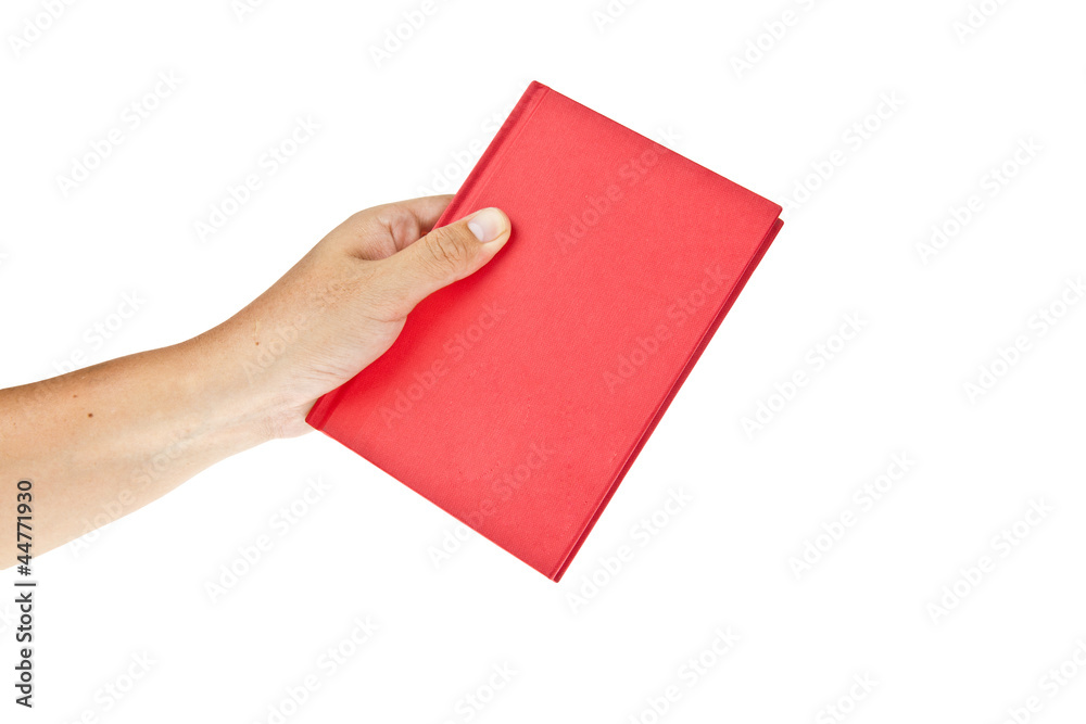 Obraz premium Red book with hand isolated on white background