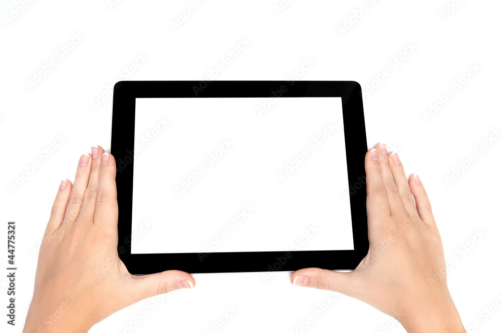 female hand holding a tablet