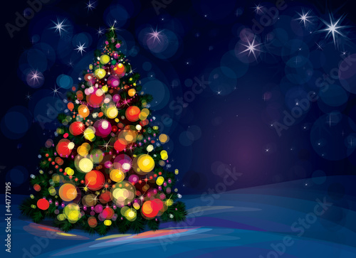 Christmas tree and decorations on winter background.