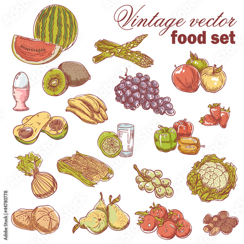 Vintage hand-drawn food set with fruit and vegetables