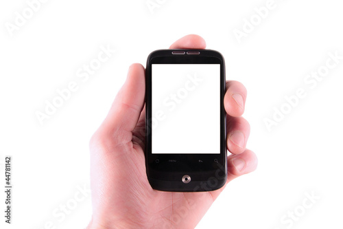 hand holding mobile phone isolated on white background