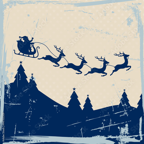 Christmas Sleigh 4 Flying Reindeers Blue Retro Beige Background