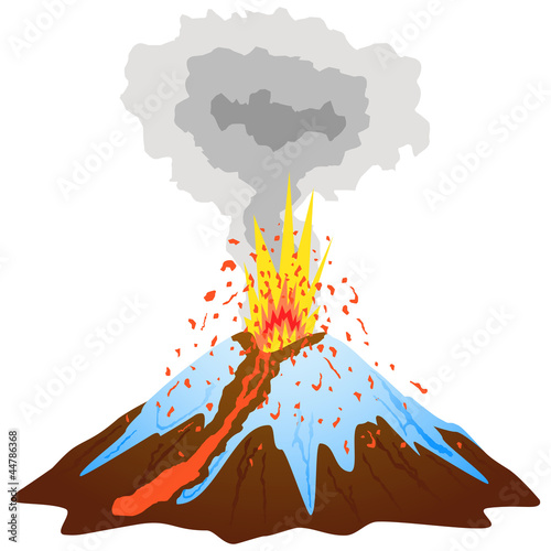 Volcano peak covered with snow and exploding.