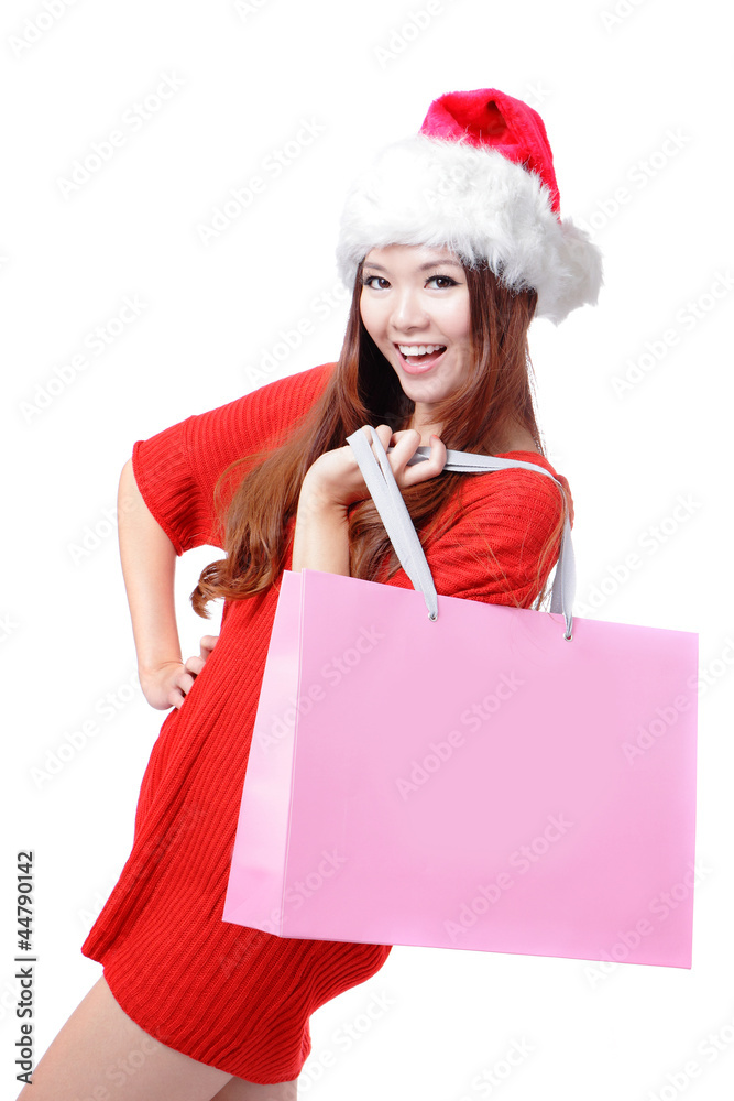 Happy christmas woman hold big shopping bag Happy christmas woman hold big shopping bag