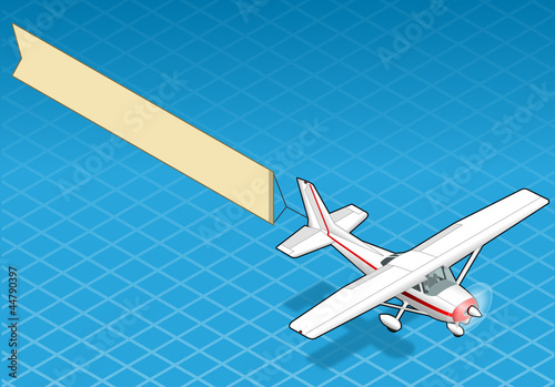 isometric white plane in flight with aerial banner