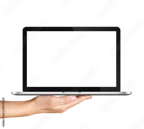 Silver laptop on hand Isolated