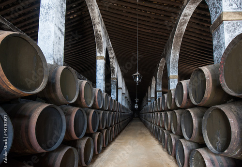 Sherry barrels in Jerez bodega, Spain photo