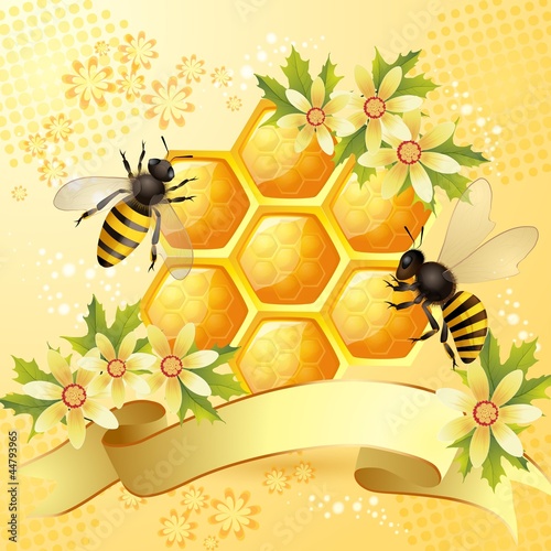 Background with bees, honeycomb and  flowers