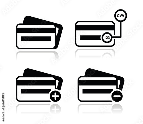 Credit Card, CVV code black icons set with shadow
