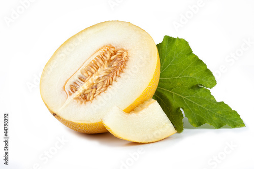 sweet melon with leaf on white background
