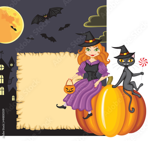 Congratulation on Halloween with a witch and a cat