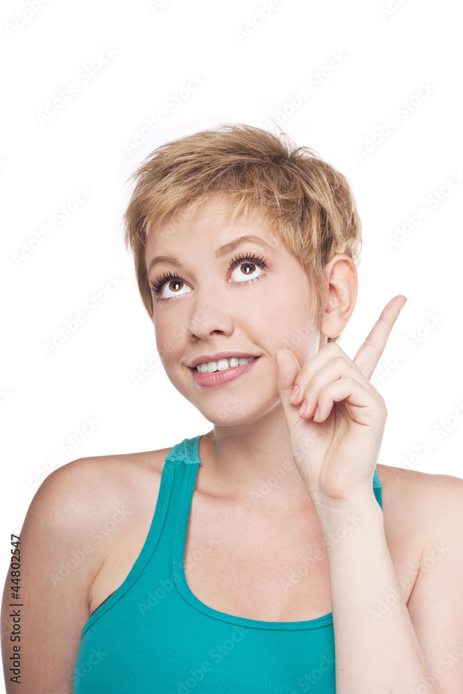 Attractive blonde shows up. Studio white background Attractive blonde shows up. Studio white background
