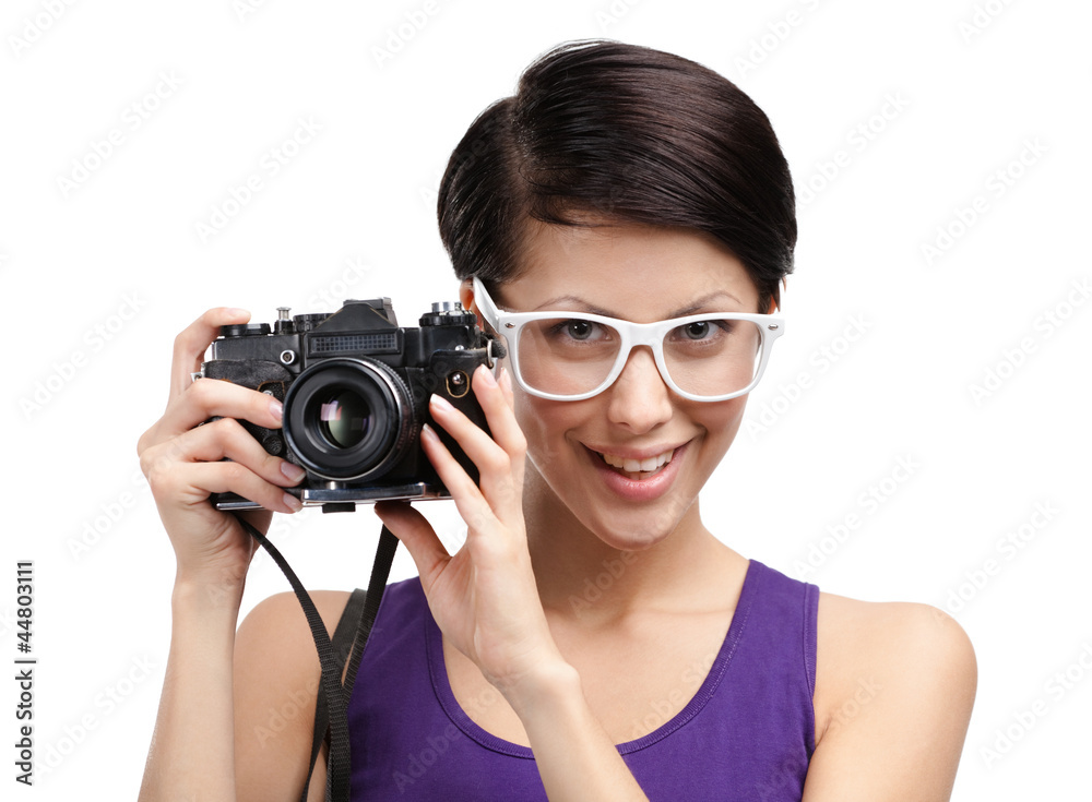Lady in spectacles hands professional photographic camera Lady in spectacles hands professional photographic camera