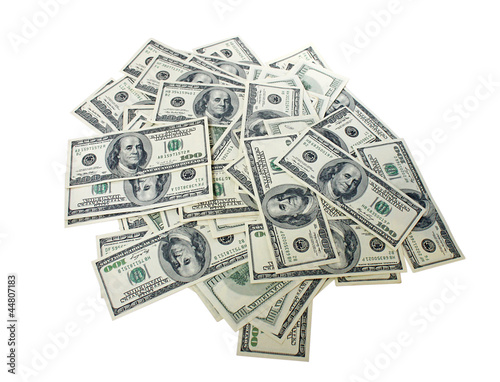 heap of one hundred dollars banknotes over white