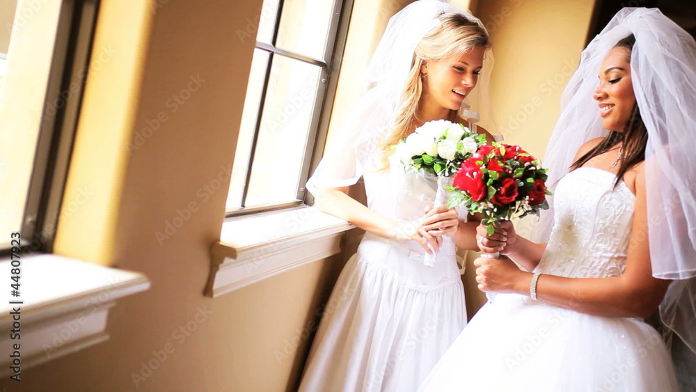 Smiling Caucasian African American Brides Smiling Caucasian African American Brides