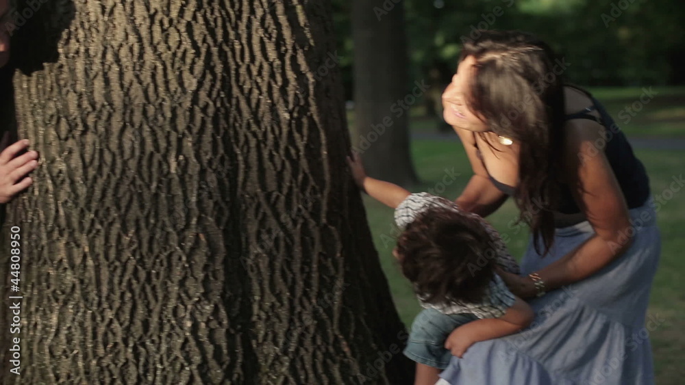 Young happy family playing in the park, crane shot Young happy family playing in the park, crane shot