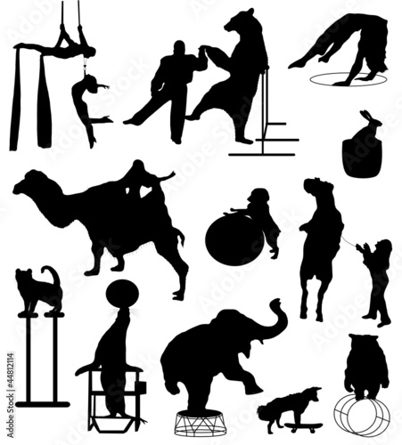 Collection of silhouettes of circus actors with animals