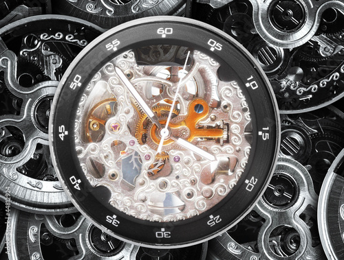 gears and mainspring in the mechanism of a pocket watch