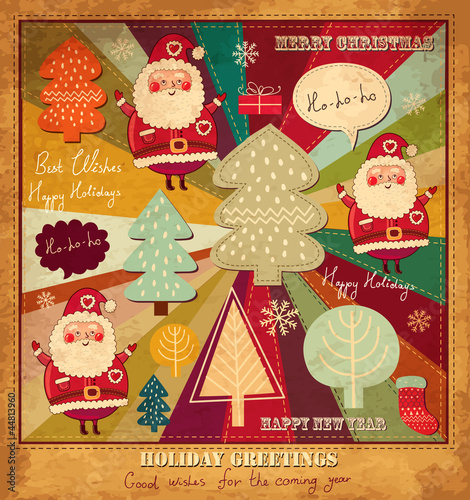 Christmas vintage vector illustration with funny Santa Claus