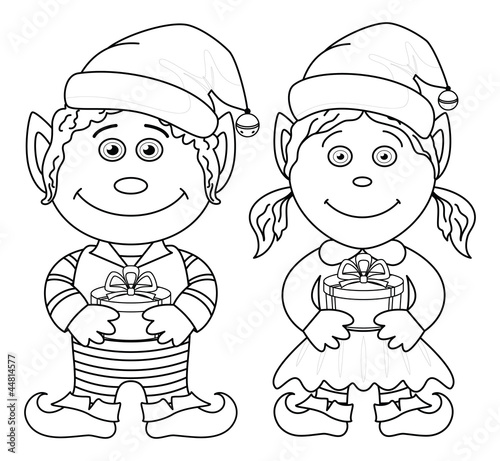 Christmas elves, boy and girl, outline