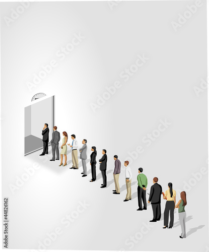 Business people standing in a line in front of a elevator door