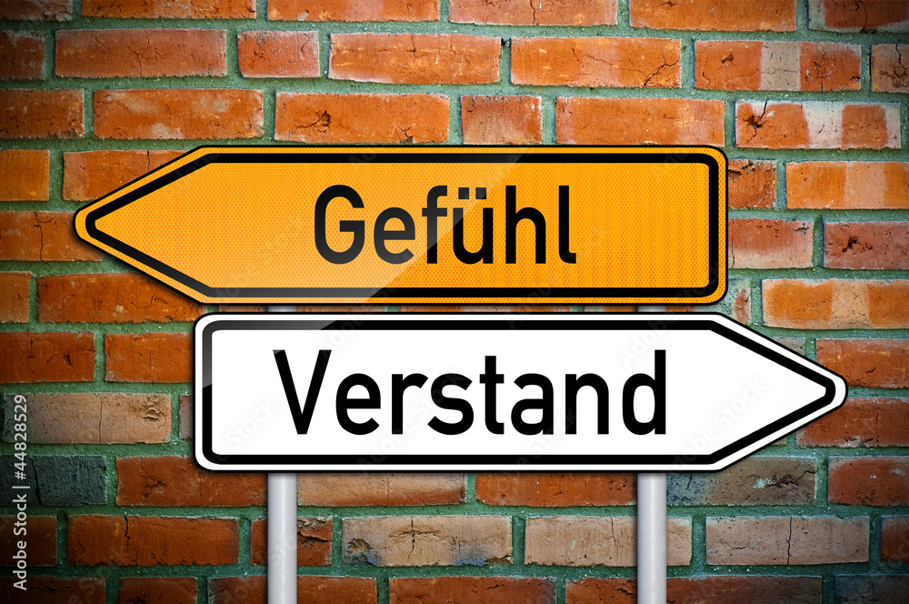 Wegweiser auf Ziegelsteinwand mit Gefühl und Verstand Wegweiser auf Ziegelsteinwand mit Gefühl und Verstand