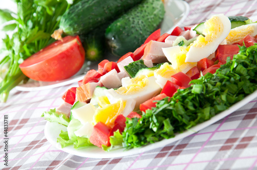 Fresh salad with chicken breast,lettuce, eggs and tomatoes 