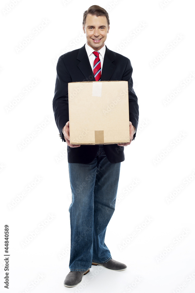 Business representative holding cardboard box Business representative holding cardboard box