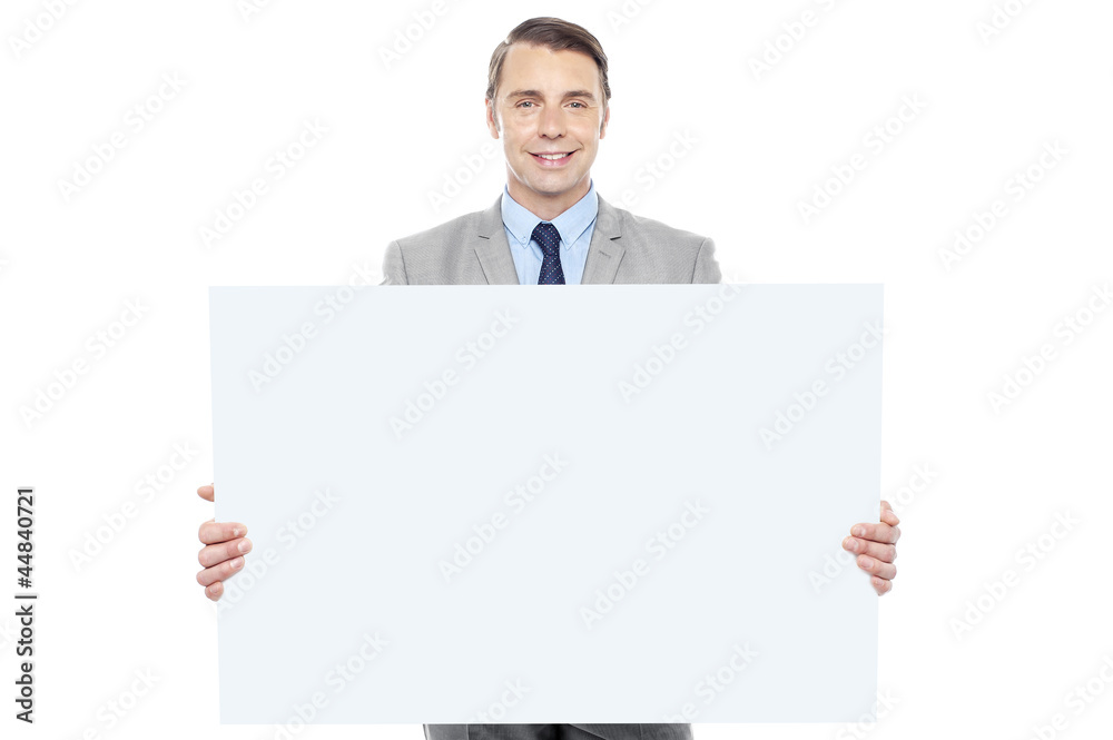 Business representative holding white billboard Business representative holding white billboard