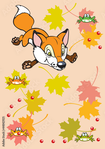 cute little fox playing with frogs