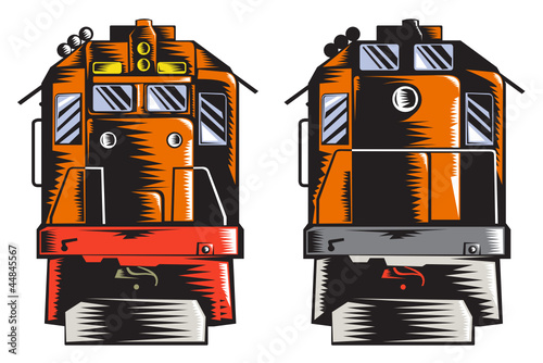 Diesel Train Front Rear Woodcut Retro