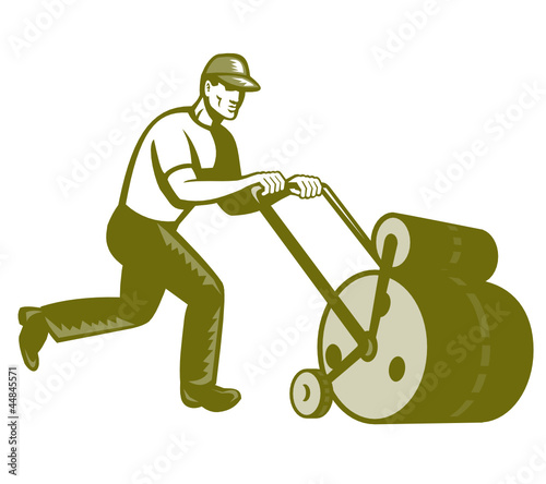 Gardener Landscaper Pushing Lawn Roller Retro
