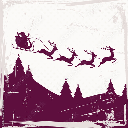 Christmas Sleigh 4 Flying Reindeers Purple Retro Beige Back