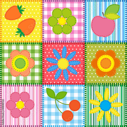 Patchwork with flowers, cherry, apple and strawberry