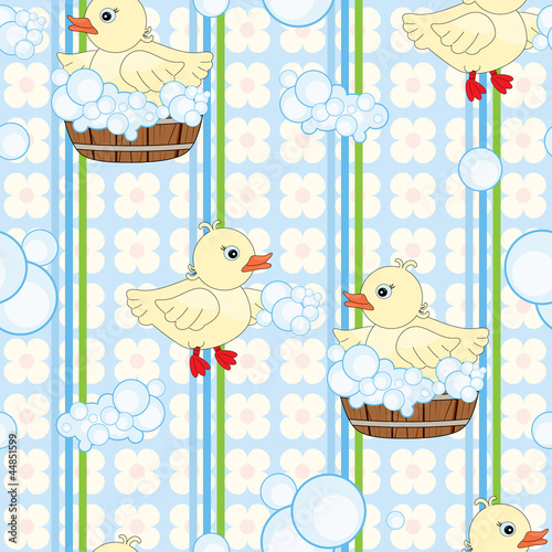 Seamless pattern with cute ducks in tub