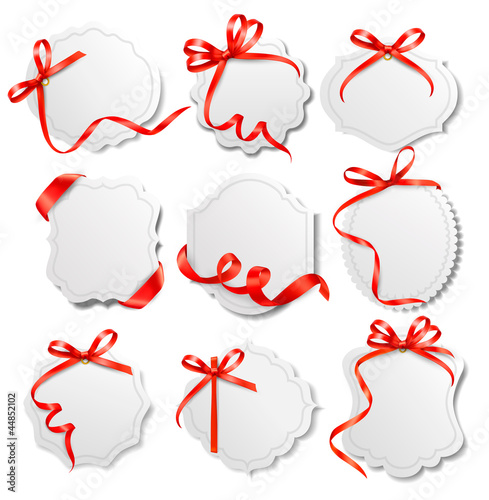 Set of beautiful cards with red gift bows with ribbons Vector