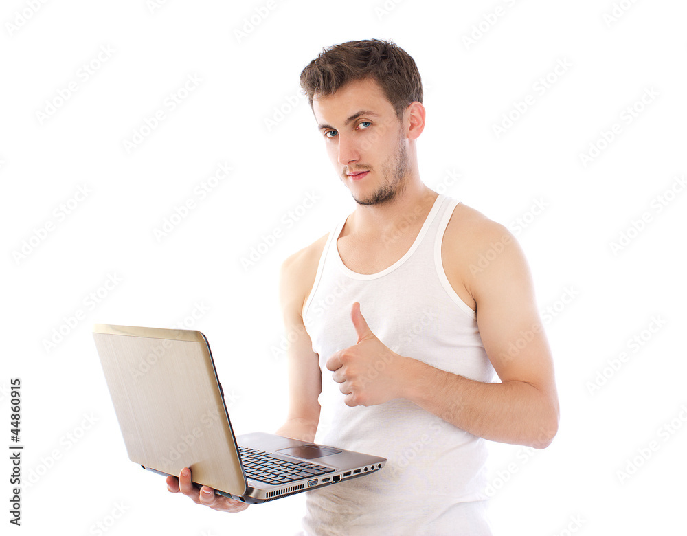 Business man holding laptop giving thumbs up Business man holding laptop giving thumbs up