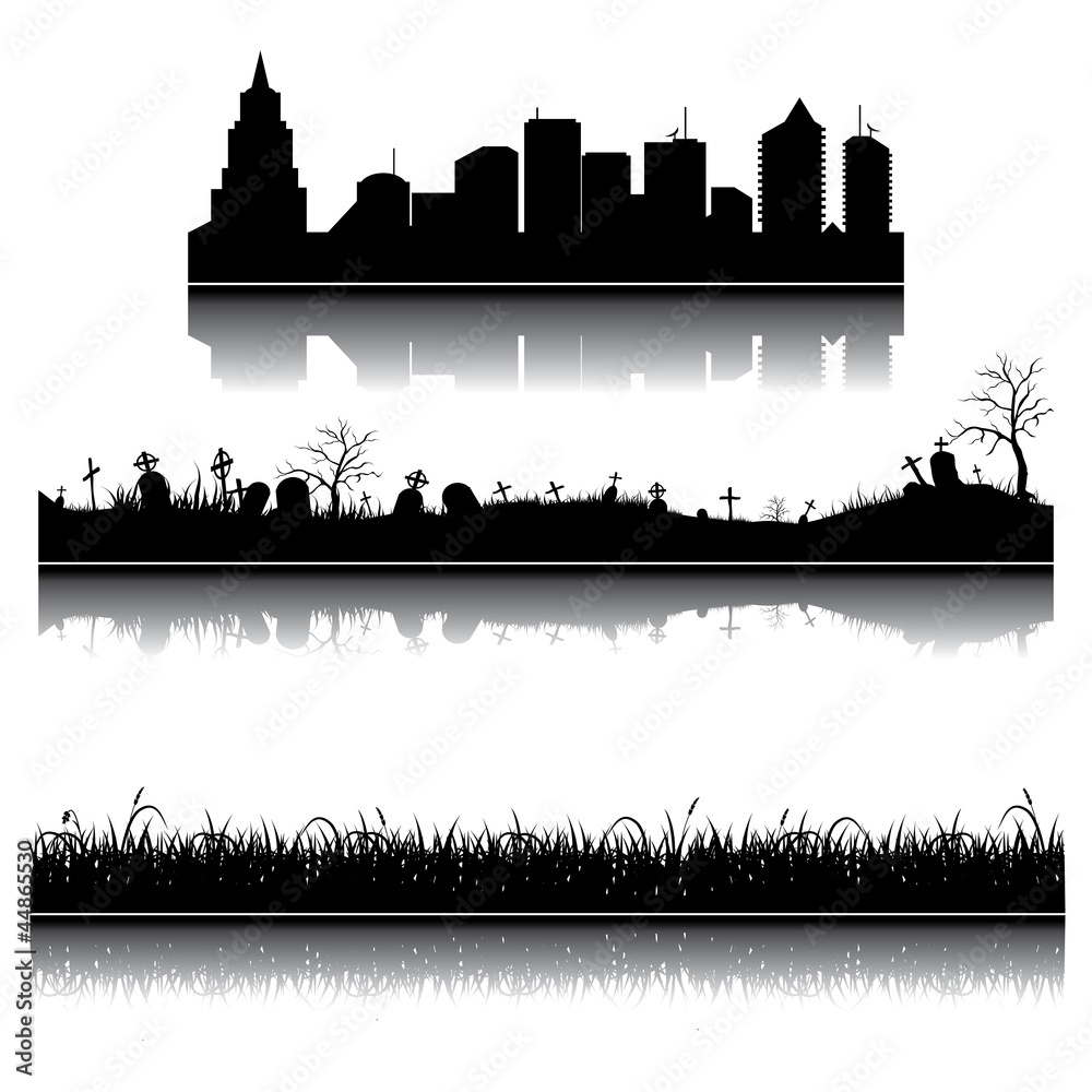 Set of vector city, grass and graveyard silhouettes