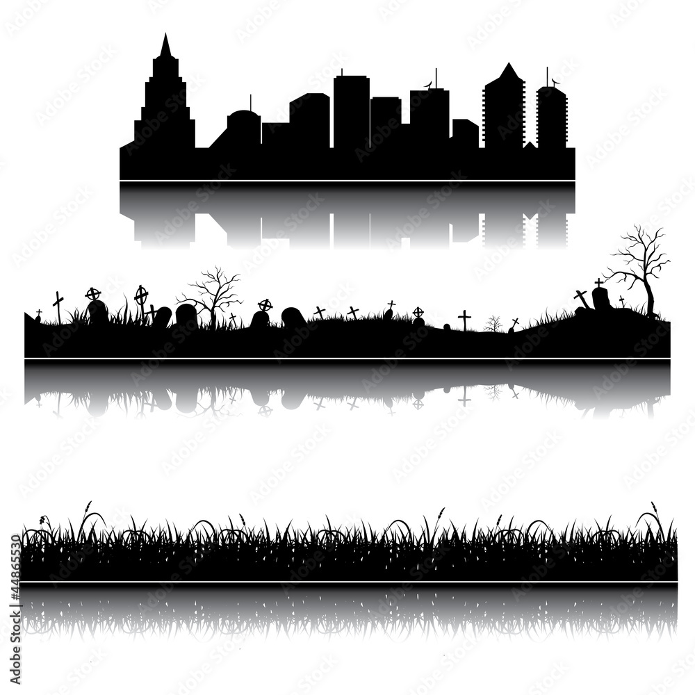 Fototapeta premium Set of vector city, grass and graveyard silhouettes