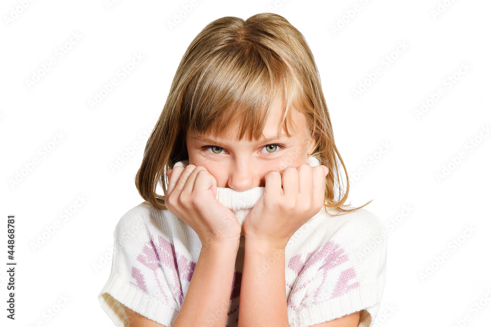 portrait of cute preteen girl freezing isolated over white portrait of cute preteen girl freezing isolated over white