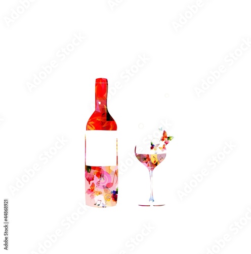Bottle of vine and a glass on white background