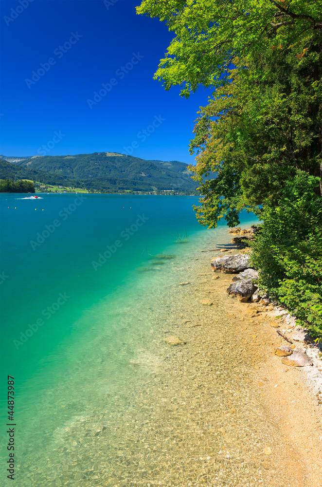 Beautiful turquoise water of Wolfgang lake, Austria