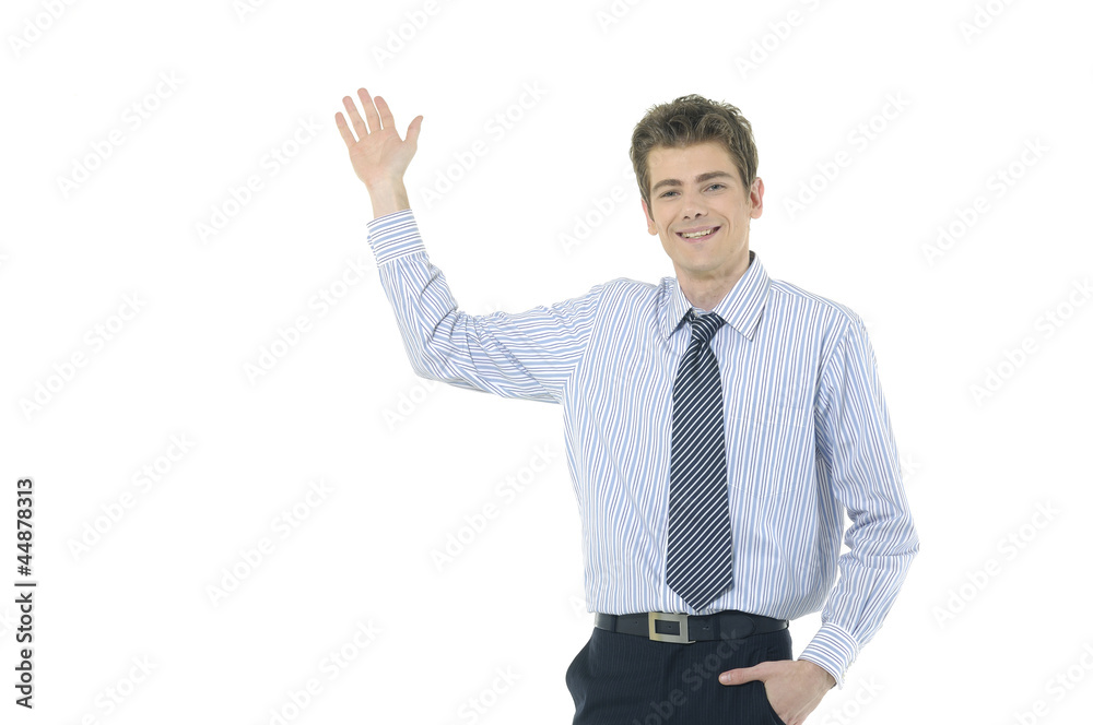 Businessman giving warning on isolated background Businessman giving warning on isolated background