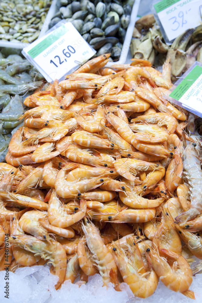Shrimps. The fish market in Barcelona