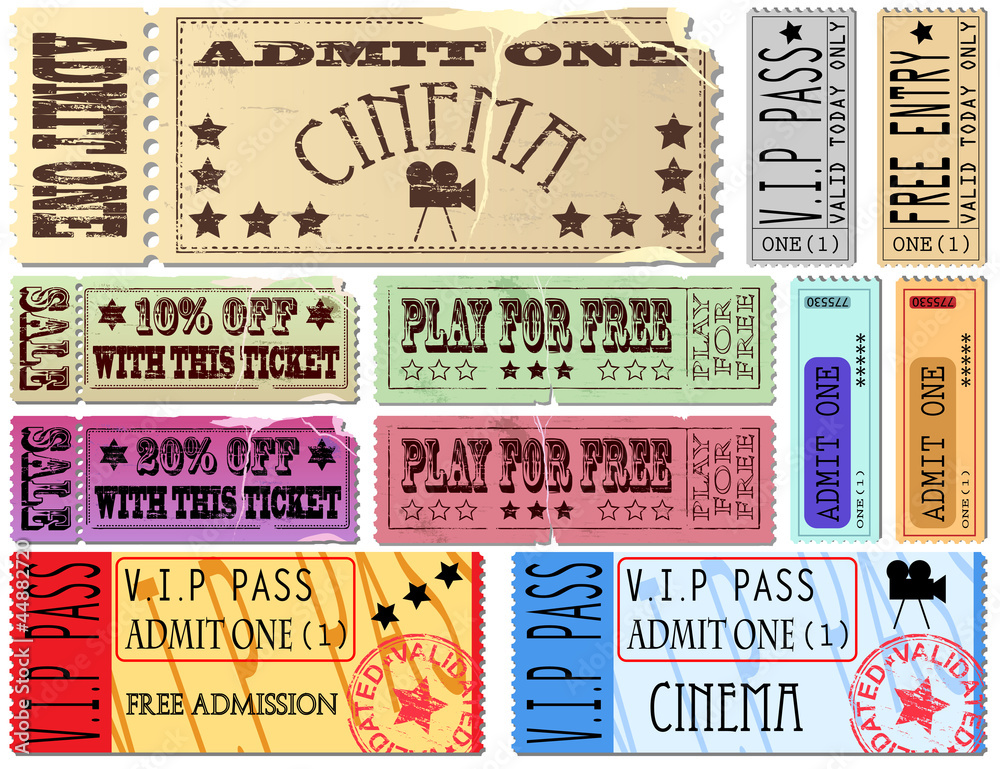 Cinema and admit one ticket Illustrations