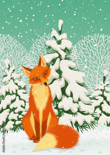 Sitting red fox in the winter forest