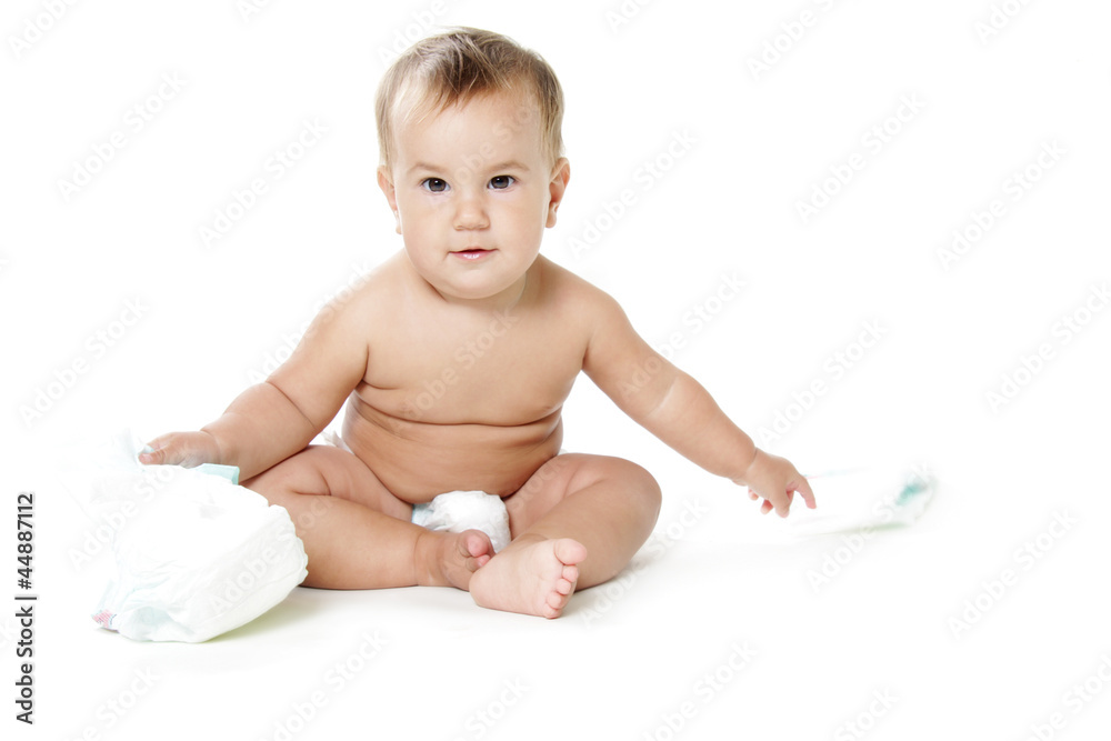 cute smiling child baby with diapers isolated over white