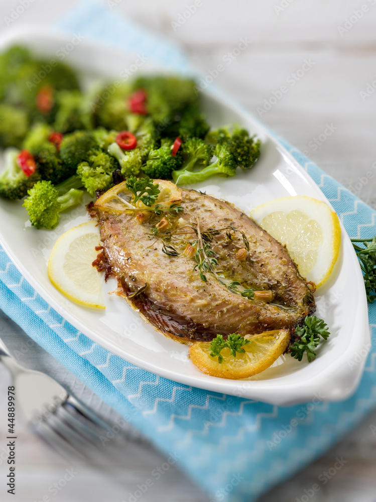 mackerel with steamed broccoli, selective focus mackerel with steamed broccoli, selective focus